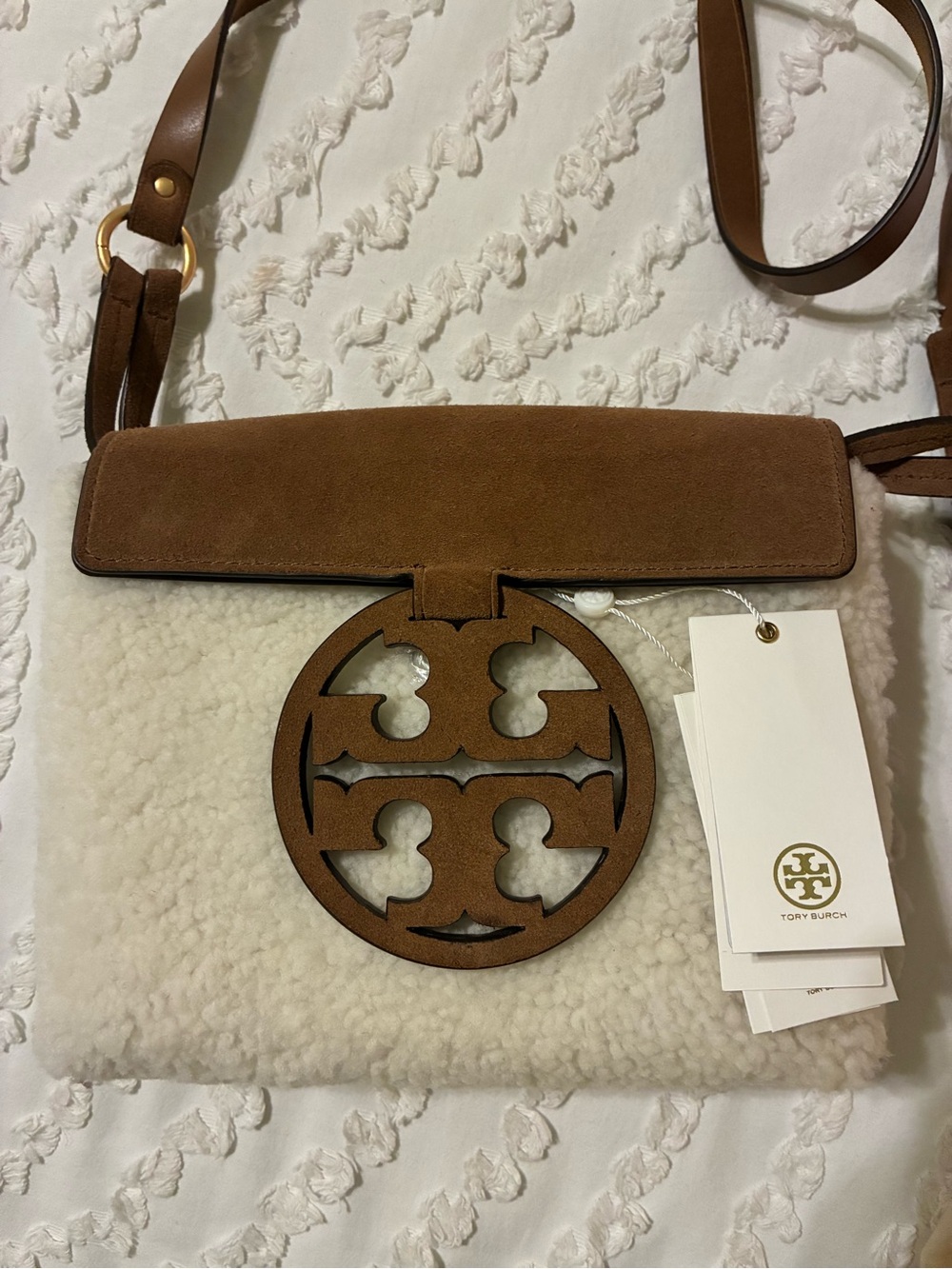 Tory Burch Brown & Cream Shearling Crossbody with Logo Cutout